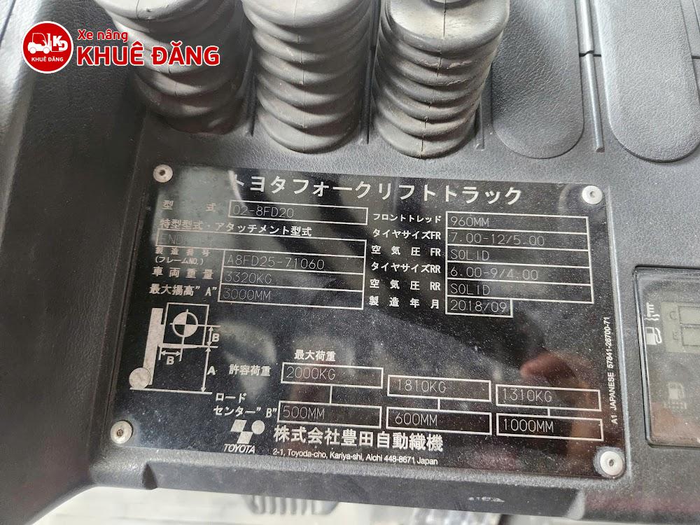 Xe nâng dầu 2 tấn Toyota 02-8FD20 3.5m sàng khung