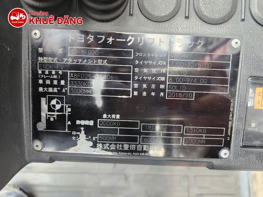 nameplate Xe nâng dầu 2 tấn Toyota 02-8FD20 ty giữa chui công
