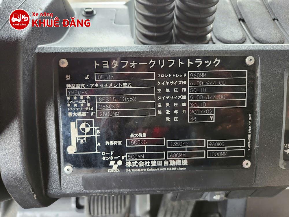 Nameplate Xe nâng điện 1.5 tấn Toyota 8FB15 sx 2017