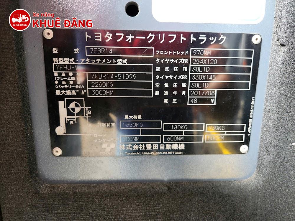 Xe nâng điện đứng lái 1.4 tấn Toyota 7FBR14, nâng cao 4.5m