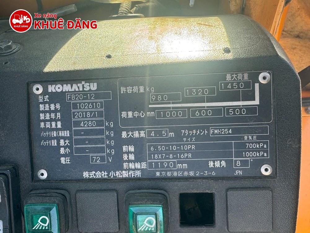 Xe nâng điện ngồi lái 2 tấn Komatsu FB20-12, 4.5m, 2018, sàng càng