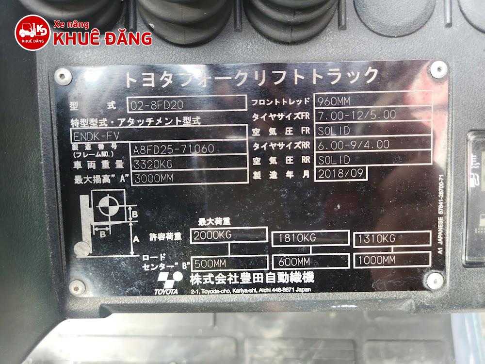 Bảng Nameplate Xe nâng dầu 2 tấn Toyota 02-8FD20