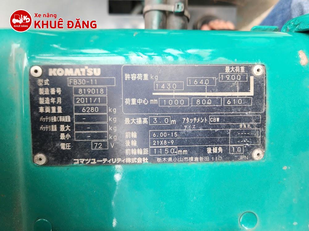 Xe nâng điện ngồi lái 3 tấn Komatsu FB30-11, lốp đôi, nâng cao 3m