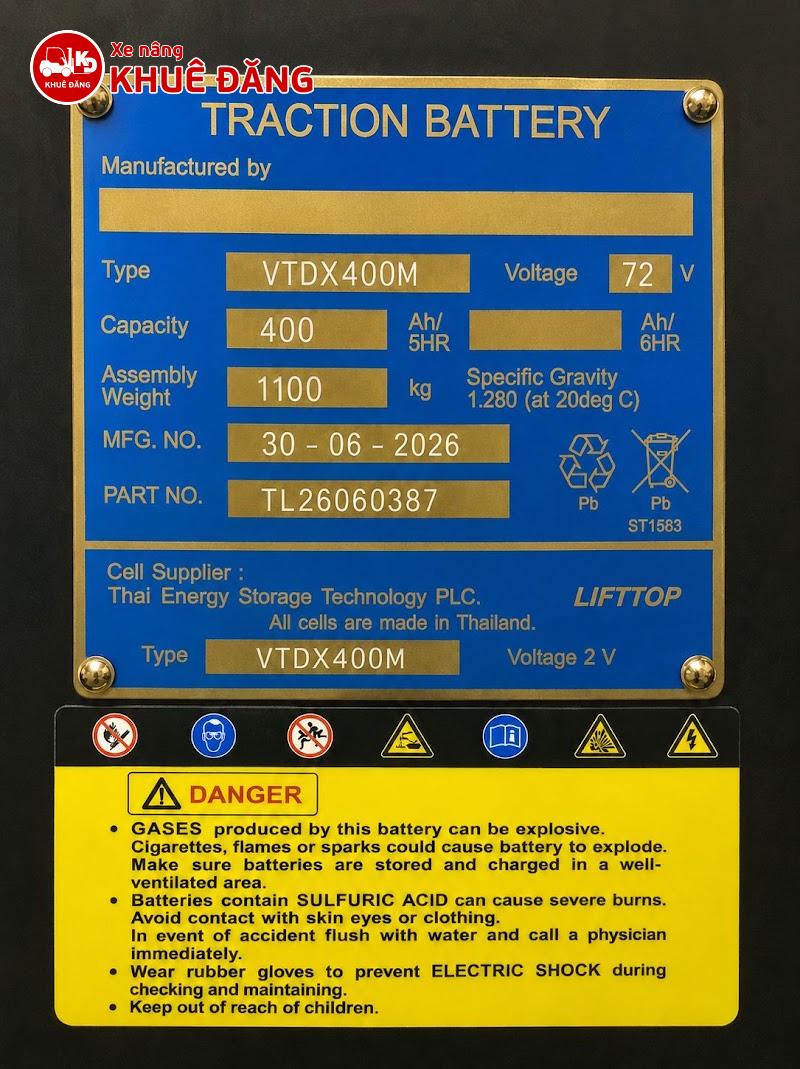 Nameplate Bình Điện Xe Nâng 72V 400Ah LIFTTOP VTDX400M