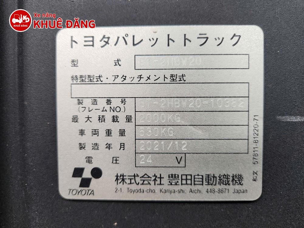 Xe nâng tay điện 2 tấn Toyota BT-2HBW20