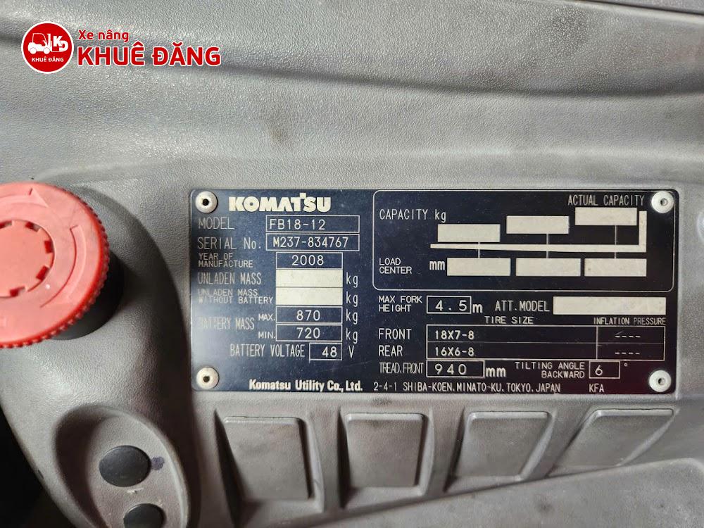 Nameplate Xe nâng điện ngồi lái 1.8 tấn Komatsu FB18-12