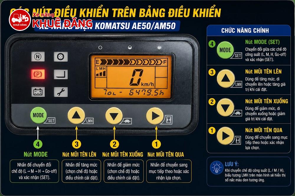 các nút điều khiển trên xe nâng điện Komatsu
