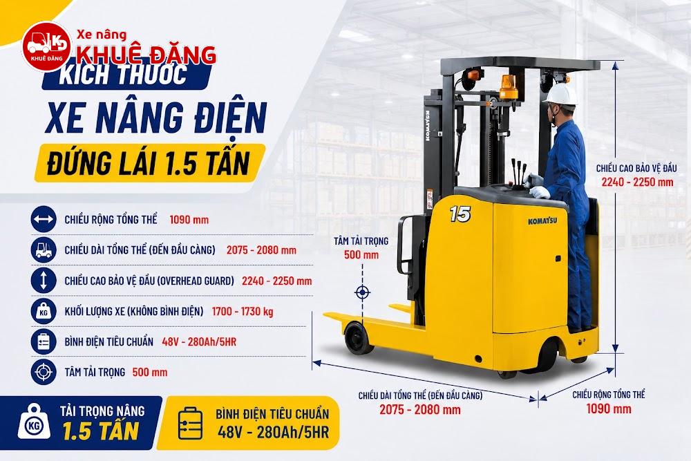 kích thước tổng thể xe nâng điện đứng lái 1.5 tấn komatsu