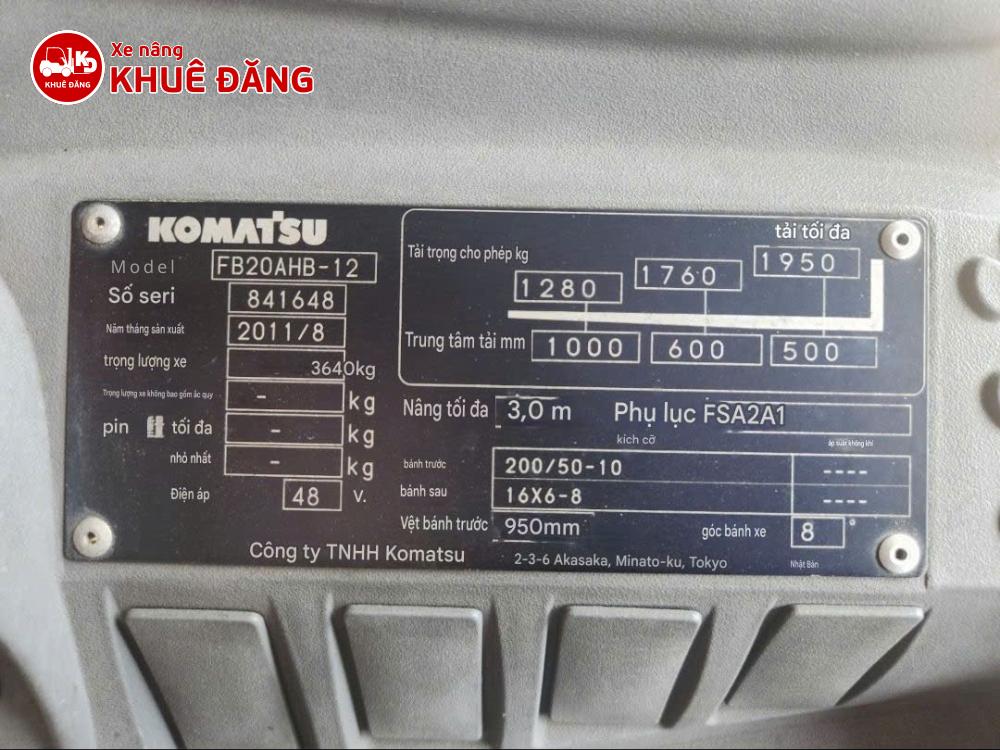 Nameplate xe nâng Komatsu FB20AHB-12 Tiếng Việt