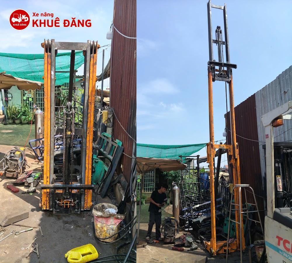 Ghép khung xe nâng điện đứng lái 3 ty 3 lao cao 7.5m