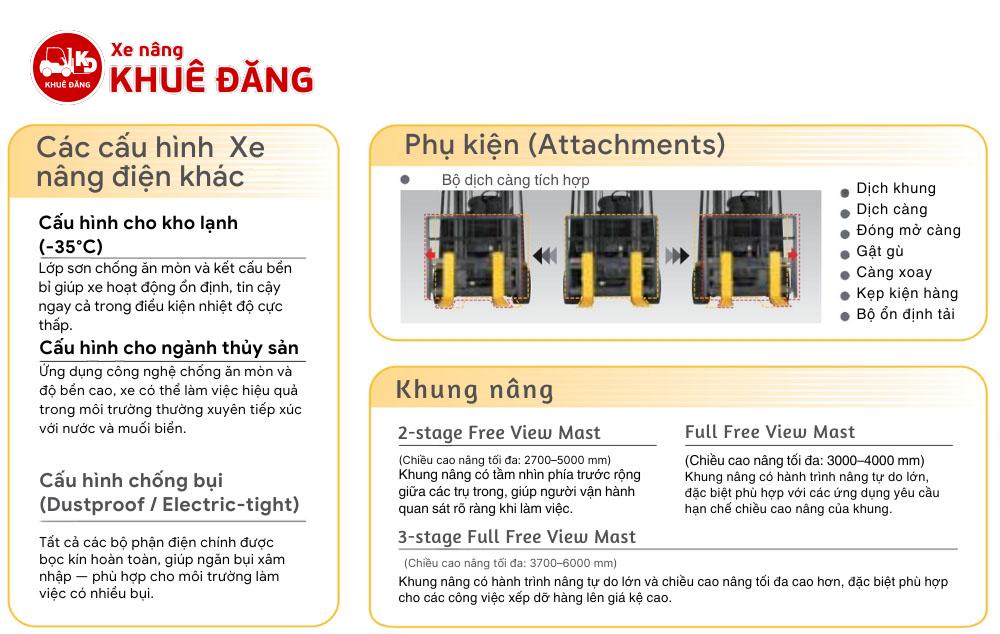 Thông tin cấu hình, khung nâng và phụ kiện phù hợp cho xe nâng điện Komastsu