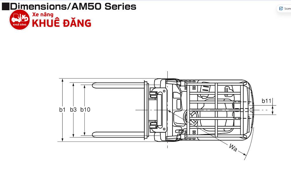 Tâm quay của Xe nâng điện 3 bánh (AM50 Series) nằm ở chính giữa trục bánh trước (trên đường trung tuyến dọc của xe)