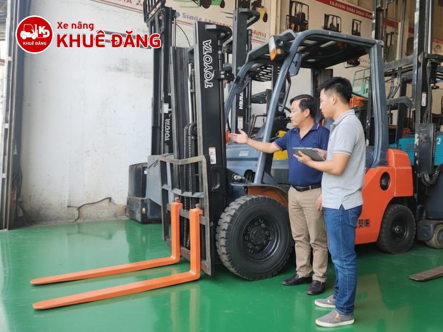 Nhân viên công ty Khuê Đăng tư vấn xe nâng cho khách hàng tại showroom
