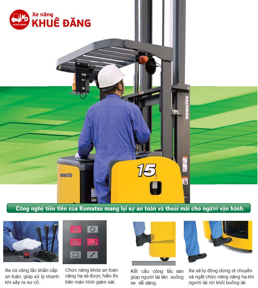 Xe nâng Reach Truck của Komatsu được thiết kế để đảm bảo an toàn và mang lại sự thoải mái tối đa cho người vận hành