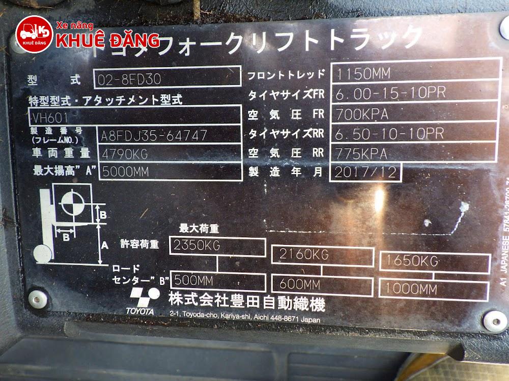 Nameplate xe nâng Toyota 02-8FD30 lốp đôi