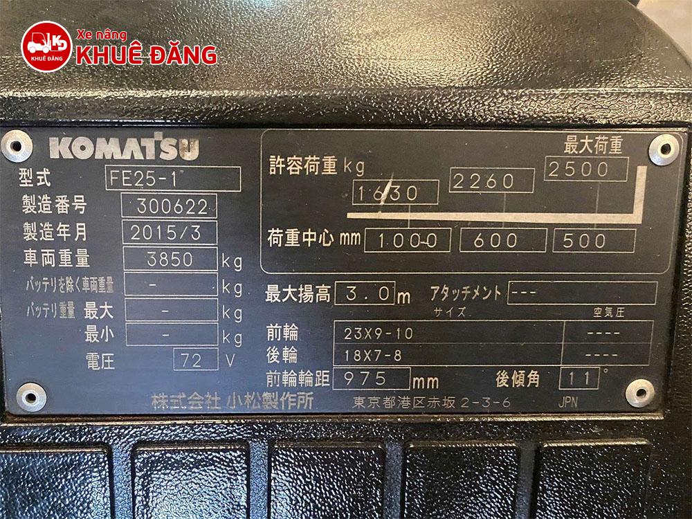 nameplate xe nâng điện 2.5 tấn Komatsu FE25-1 Nhật Bản