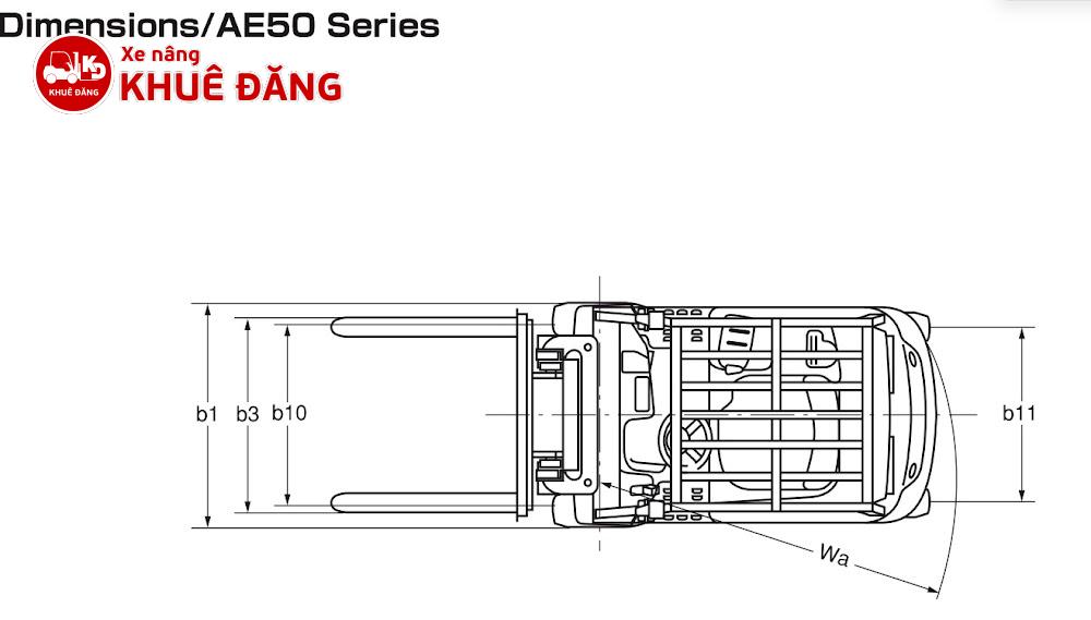 Tâm quay của Xe nâng điện ngồi lái 4 bánh (AE50 Series) nằm ngay tại tâm bánh trước (bên trong góc quay)