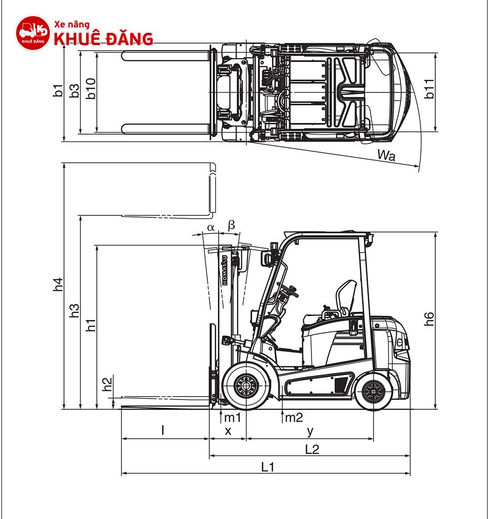 Thông tin kích thước xe nâng Komatsu FB20,25,30-12